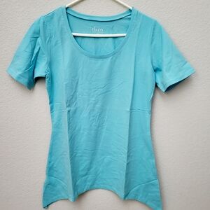 Denim & Co D&C Womans Top Short Sleeves Rounded Neck Aqua NWOT Size XS